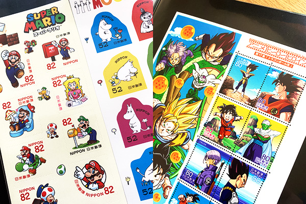 （切手）左：スーパーマリオブラザース、中：ムーミン、右：ドラゴンボールZ